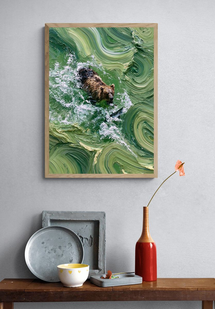 Bear Fishing in Green Waters Poster. — room view 3
