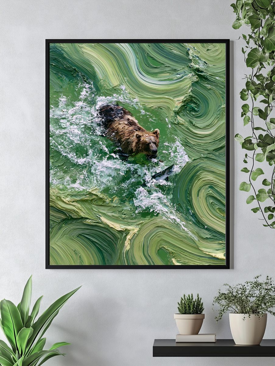 Bear Fishing in Green Waters Poster. — room view 4
