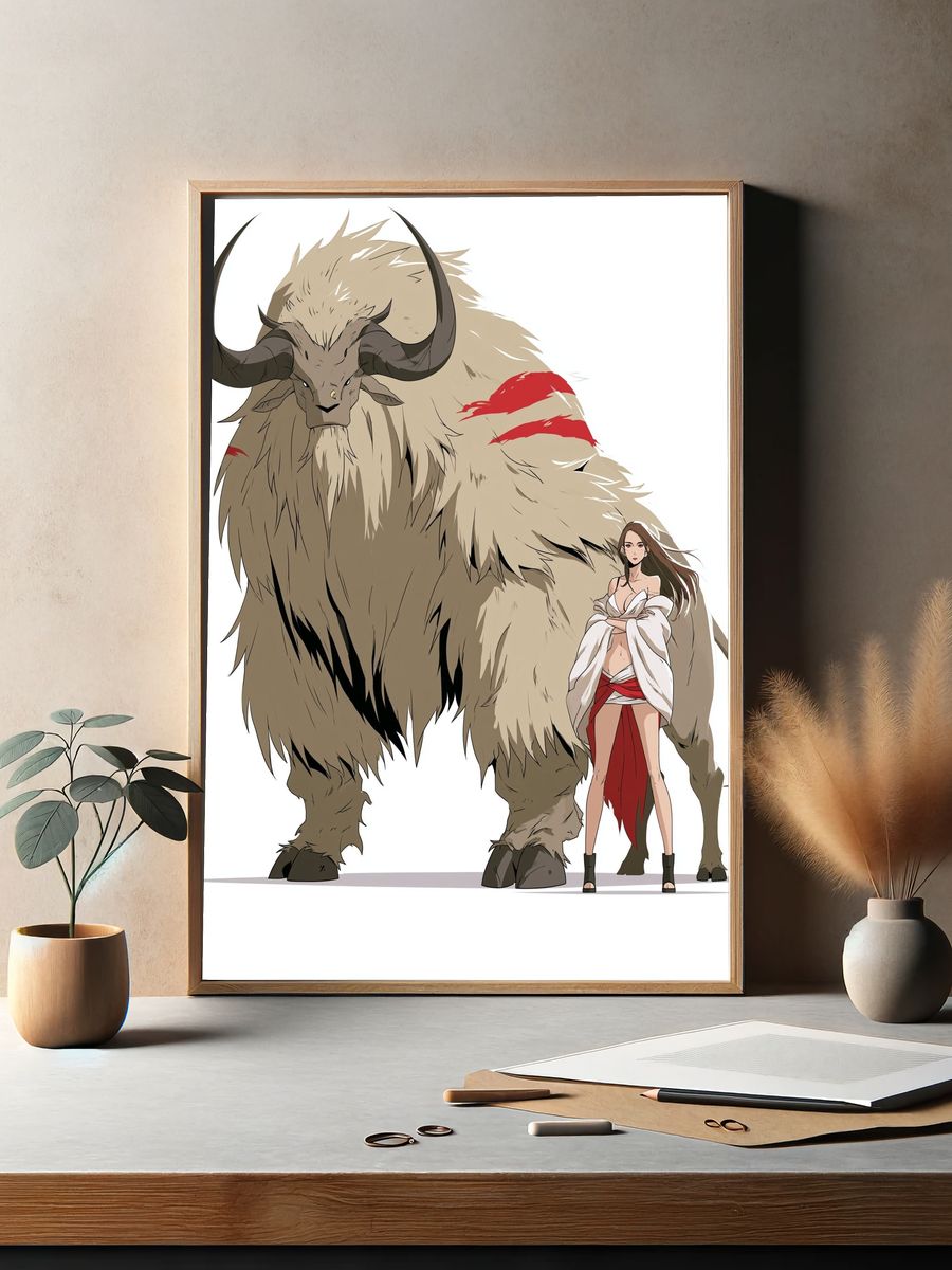 Fantasy Beast and Woman Illustration Poster. — room view 2