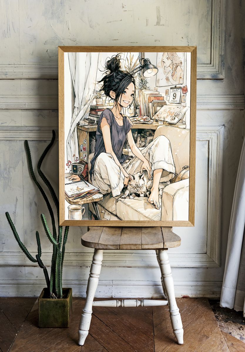Cozy Anime Studio Girl Poster. room preview