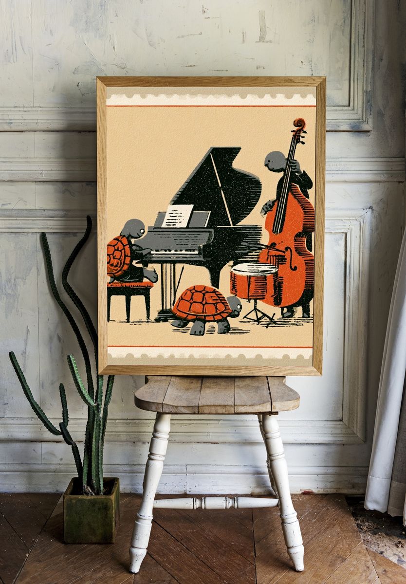 Turtle Jazz Ensemble Vintage Print. — room view 1