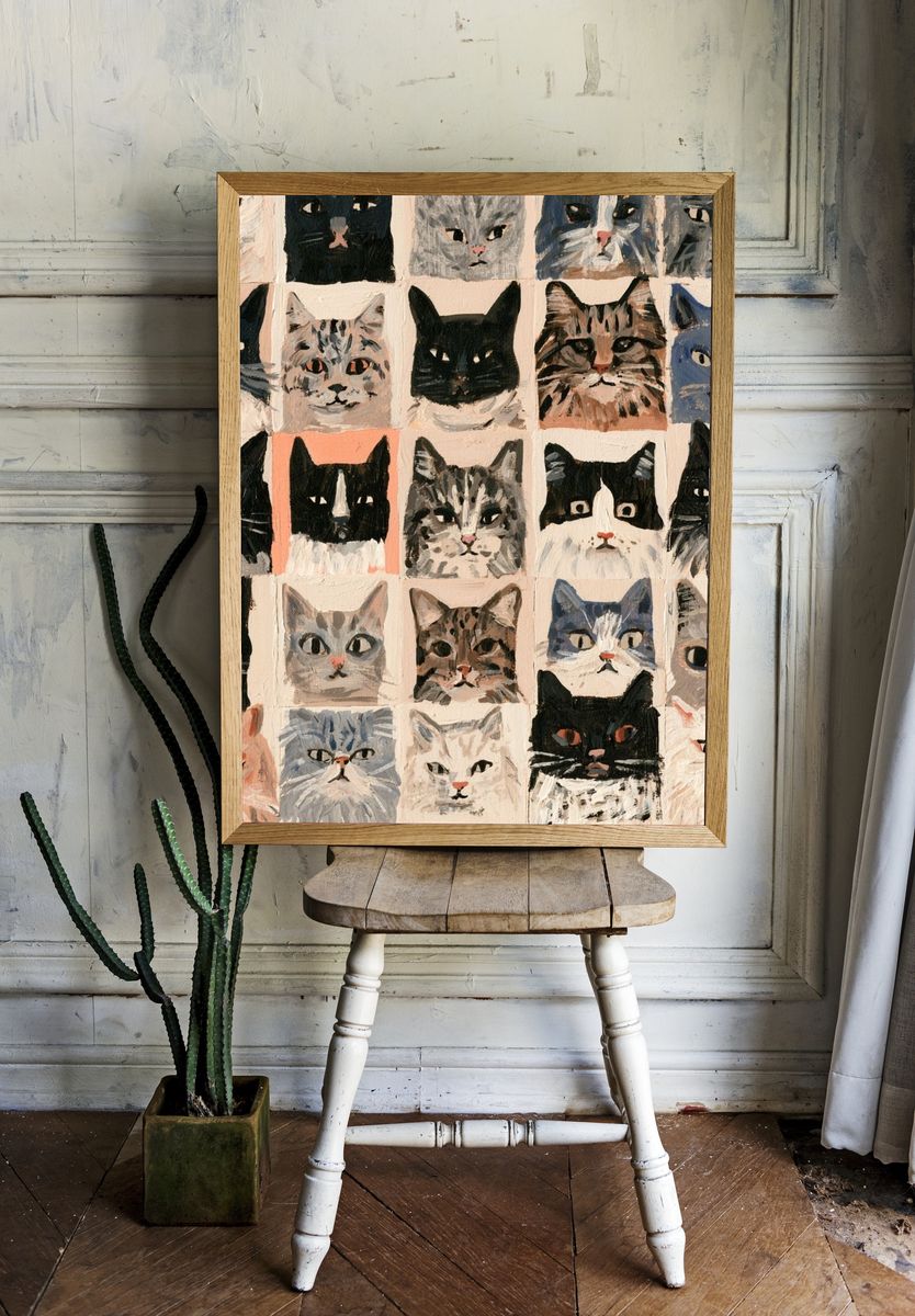 Cat Portrait Grid Illustration Poster. room preview