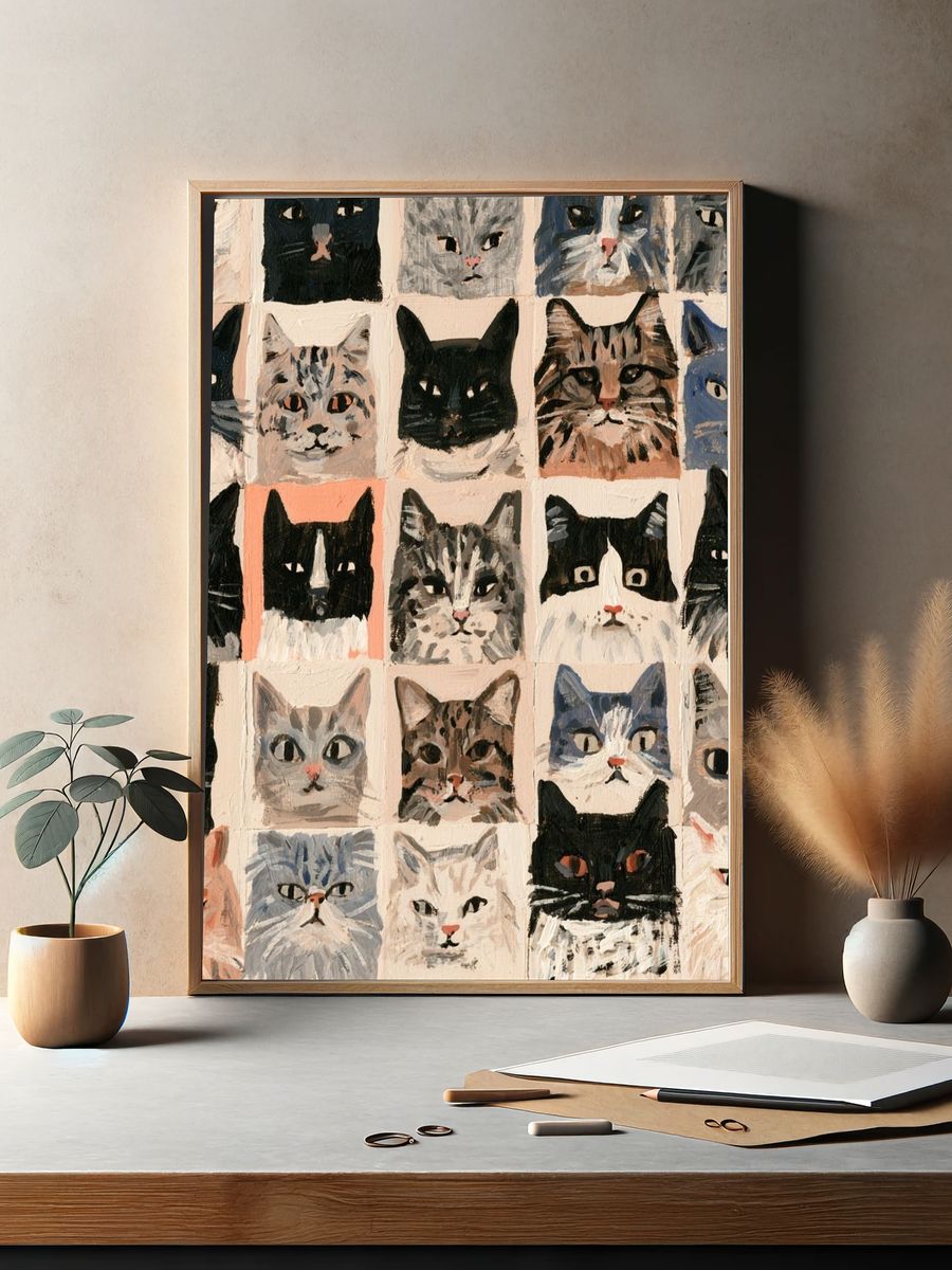 Cat Portrait Grid Illustration Poster. — room view 2