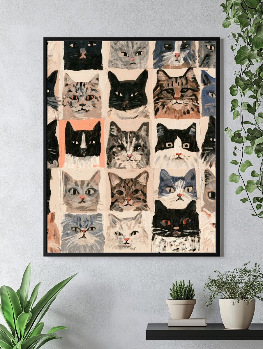 Cat Portrait Grid Illustration Poster. — room view 4