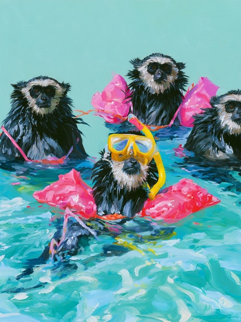 Snorkeling Monkeys Illustration Poster. poster detail
