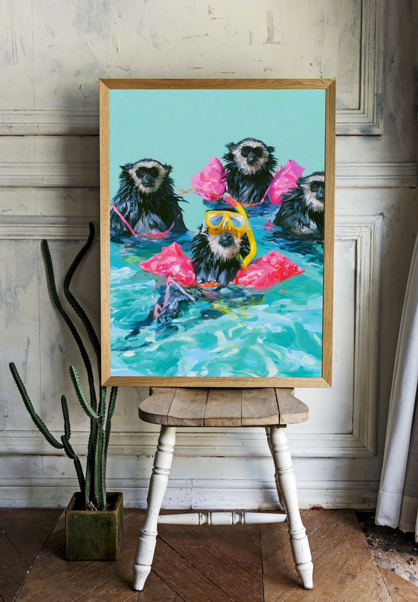 Snorkeling Monkeys Illustration Poster. — room view 1