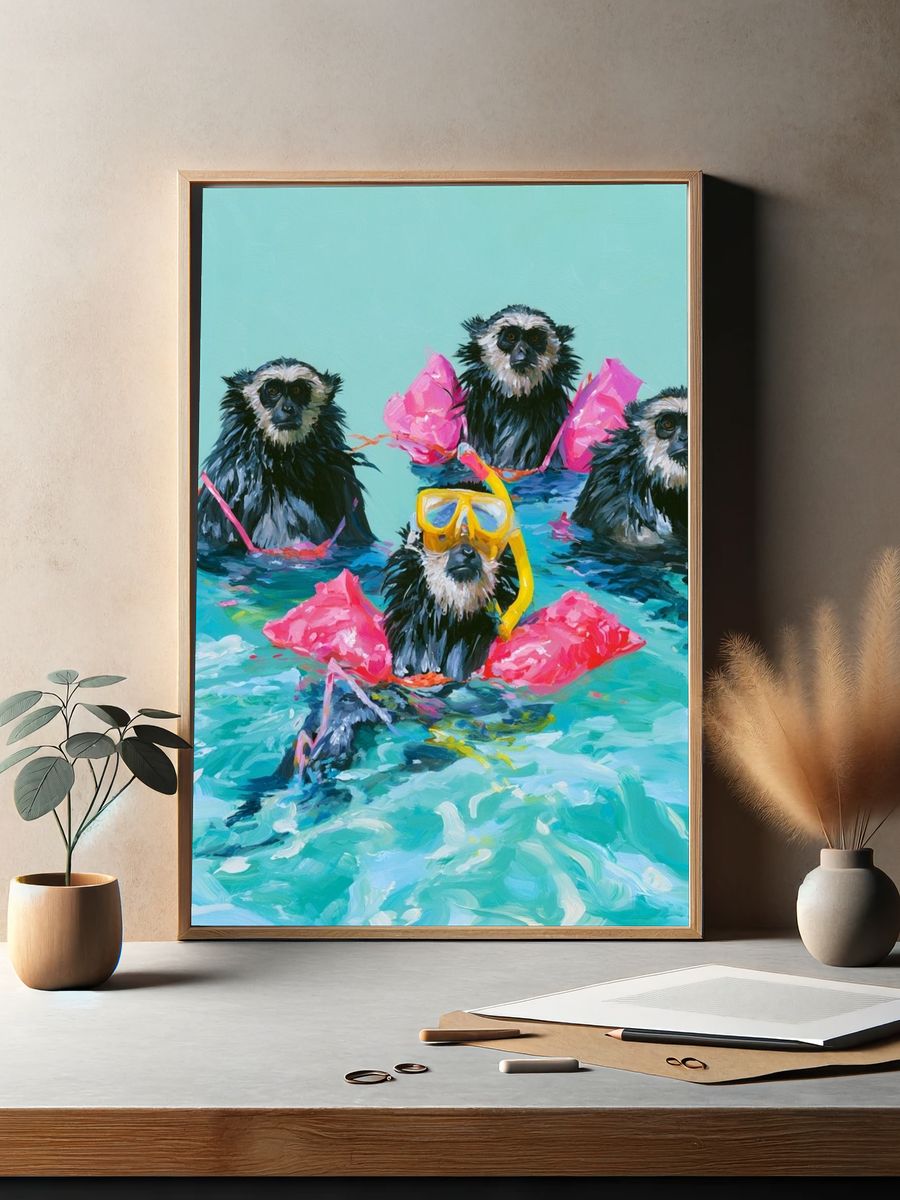 Snorkeling Monkeys Illustration Poster. — room view 2
