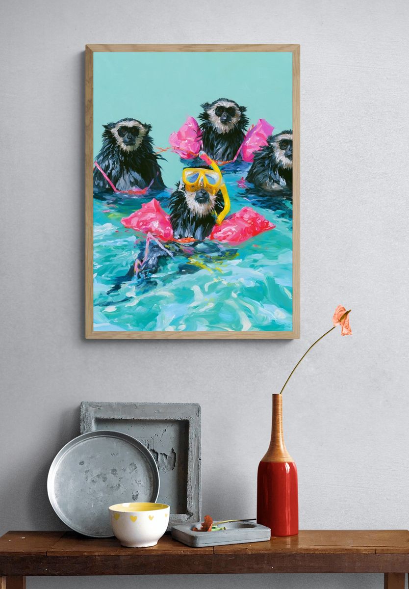 Snorkeling Monkeys Illustration Poster. — room view 3