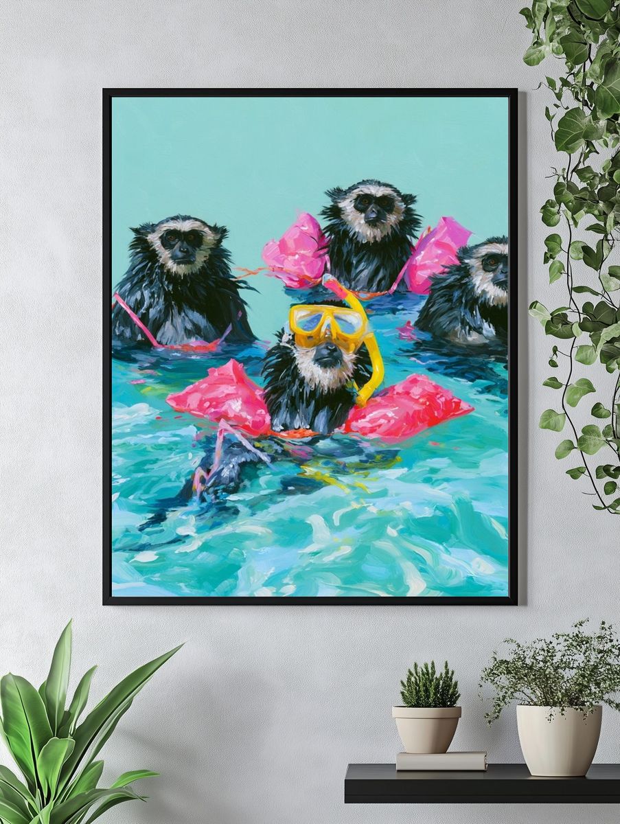 Snorkeling Monkeys Illustration Poster. — room view 4
