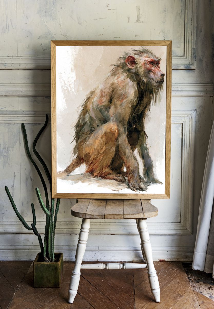 Seated Monkey Watercolor Print. room preview
