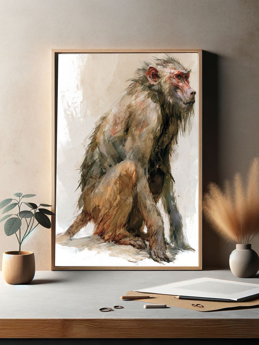 Seated Monkey Watercolor Print. — room view 2