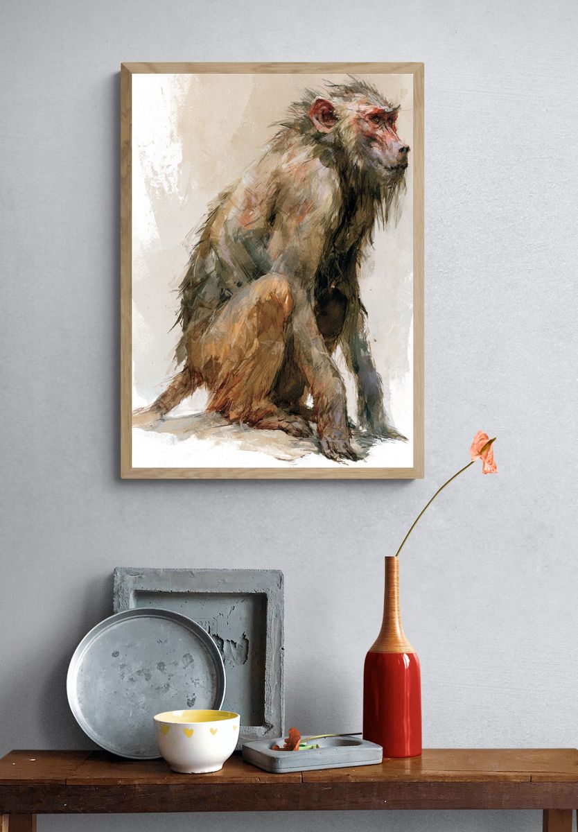 Seated Monkey Watercolor Print. — room view 3