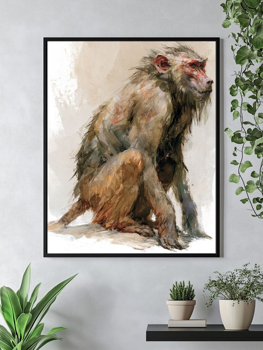 Seated Monkey Watercolor Print. — room view 4