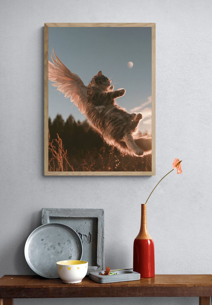 Winged Cat Sunset Photography Poster. — room view 3