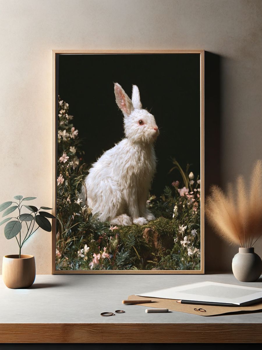 White Rabbit Floral Portrait Poster. — room view 2