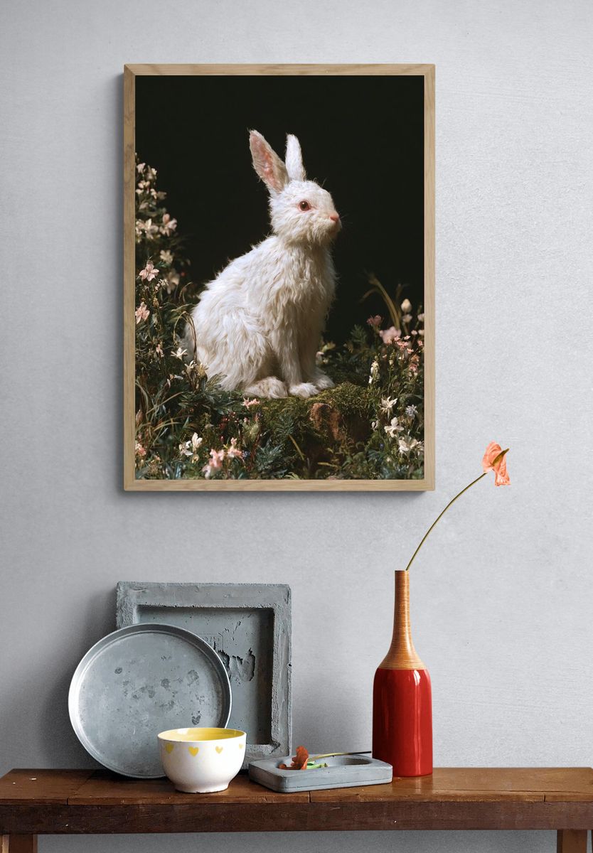 White Rabbit Floral Portrait Poster. — room view 3