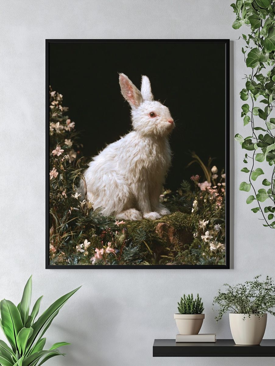 White Rabbit Floral Portrait Poster. — room view 4
