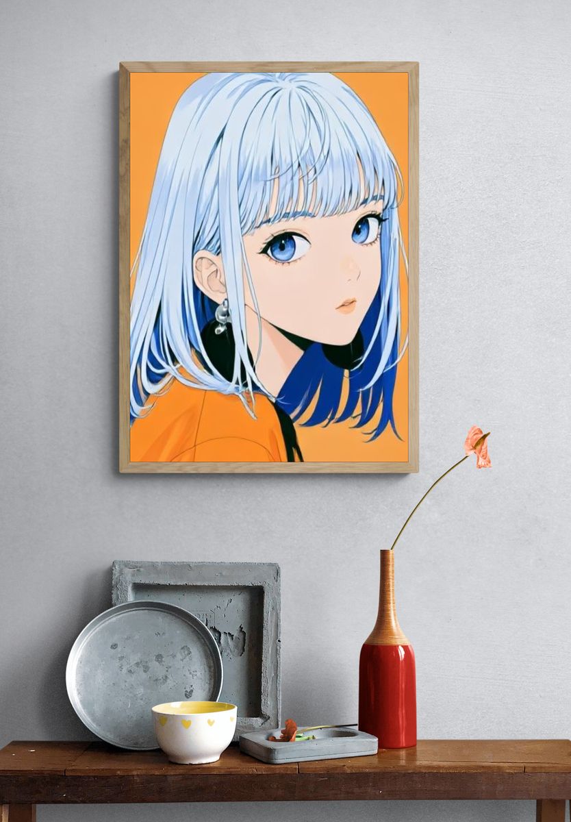 Blue-Haired Anime Portrait Poster. — room view 3