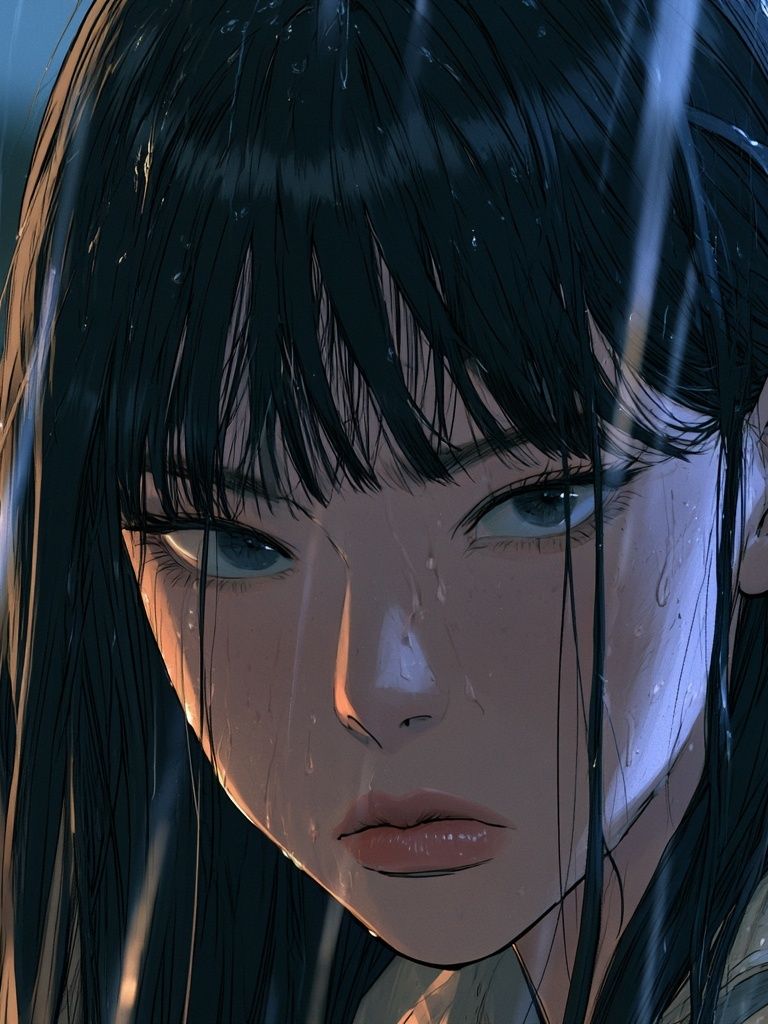 Rainy Anime Girl Portrait Print. poster detail