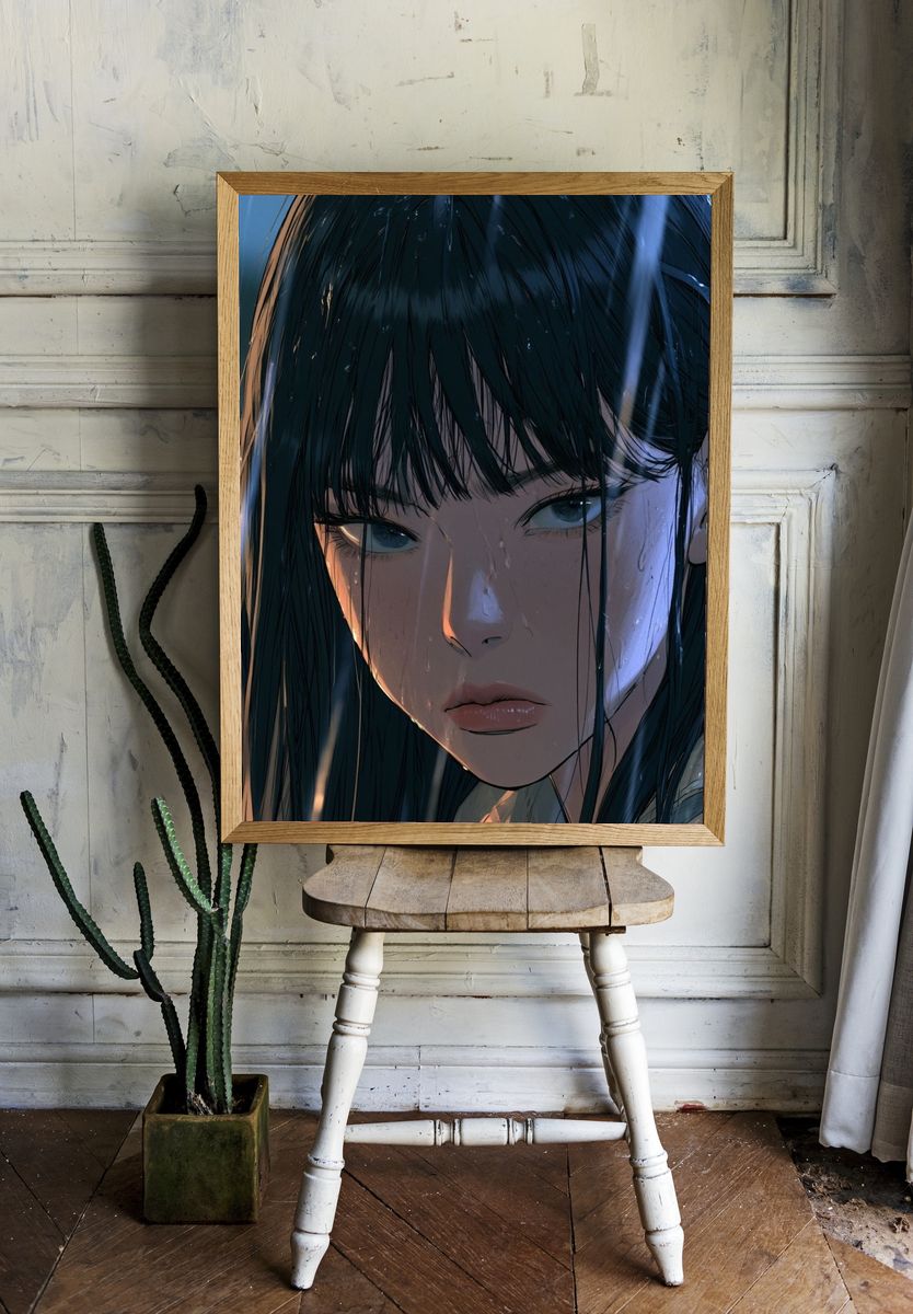 Rainy Anime Girl Portrait Print. — room view 1