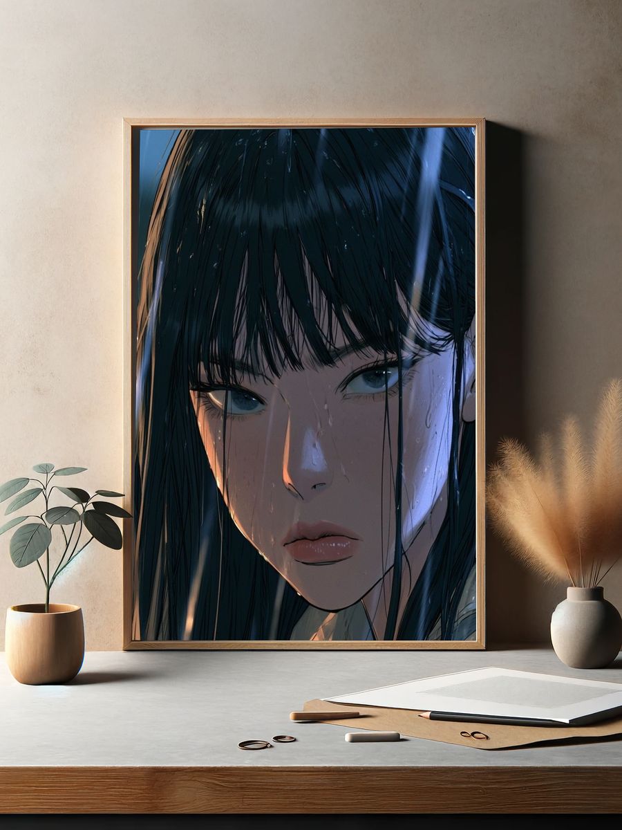 Rainy Anime Girl Portrait Print. — room view 2