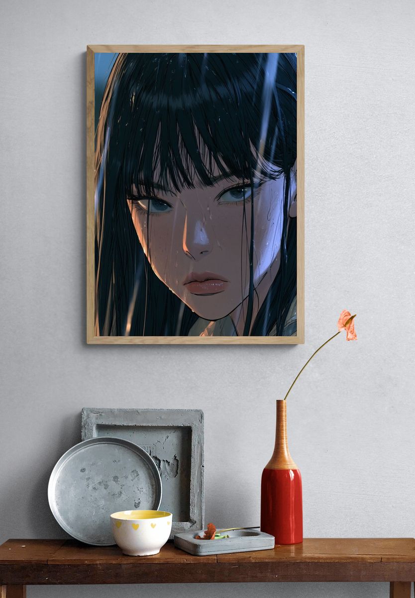 Rainy Anime Girl Portrait Print. — room view 3
