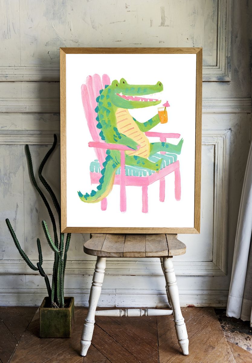 Crocodile in Pink Chair Illustration Poster. — room view 1