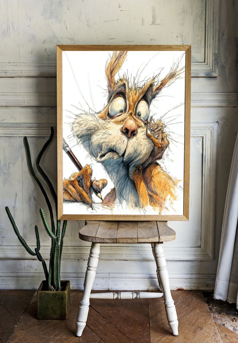 Sketchy Rabbit Portrait Poster. — room view 1