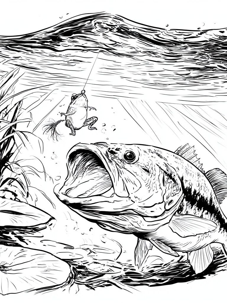Bass and Frog Fishing Illustration Poster. poster detail