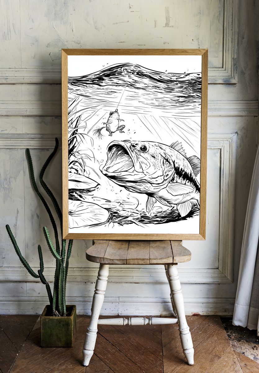 Bass and Frog Fishing Illustration Poster. — room view 1