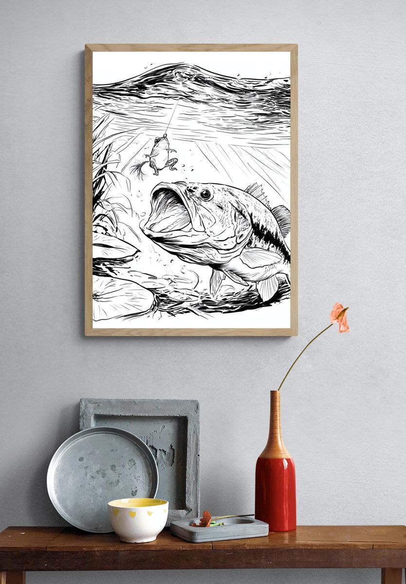 Bass and Frog Fishing Illustration Poster. — room view 3