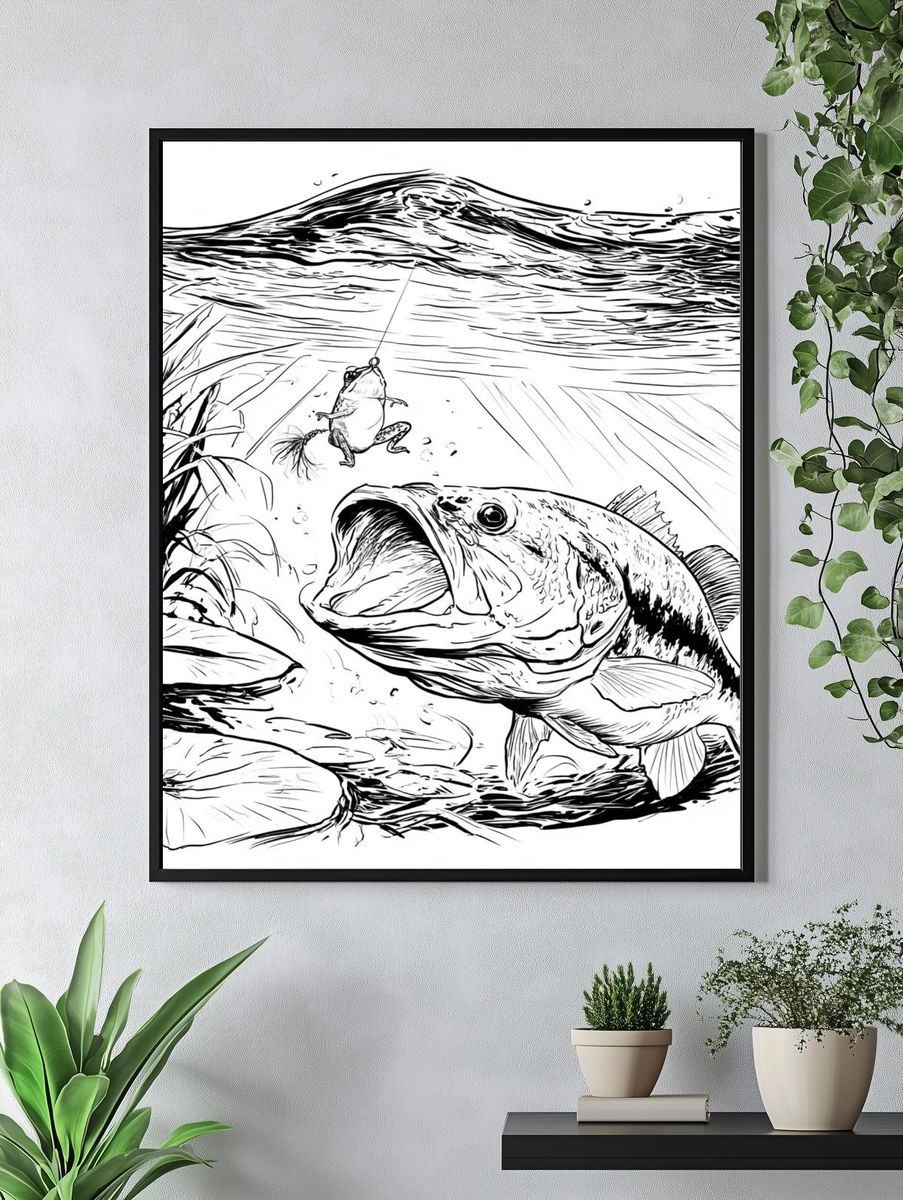 Bass and Frog Fishing Illustration Poster. — room view 4