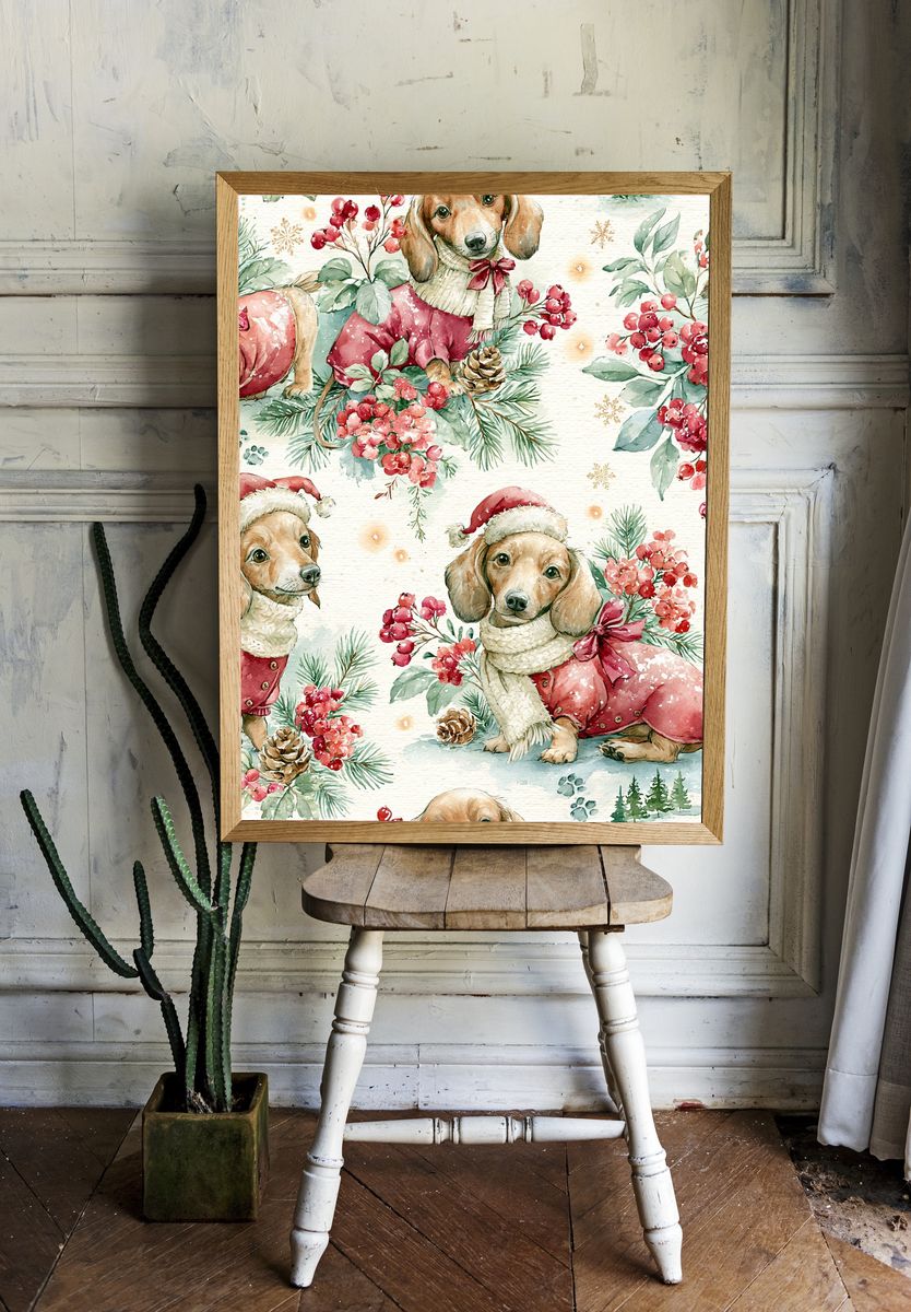 Christmas Dachshund Watercolor Print. — room view 1