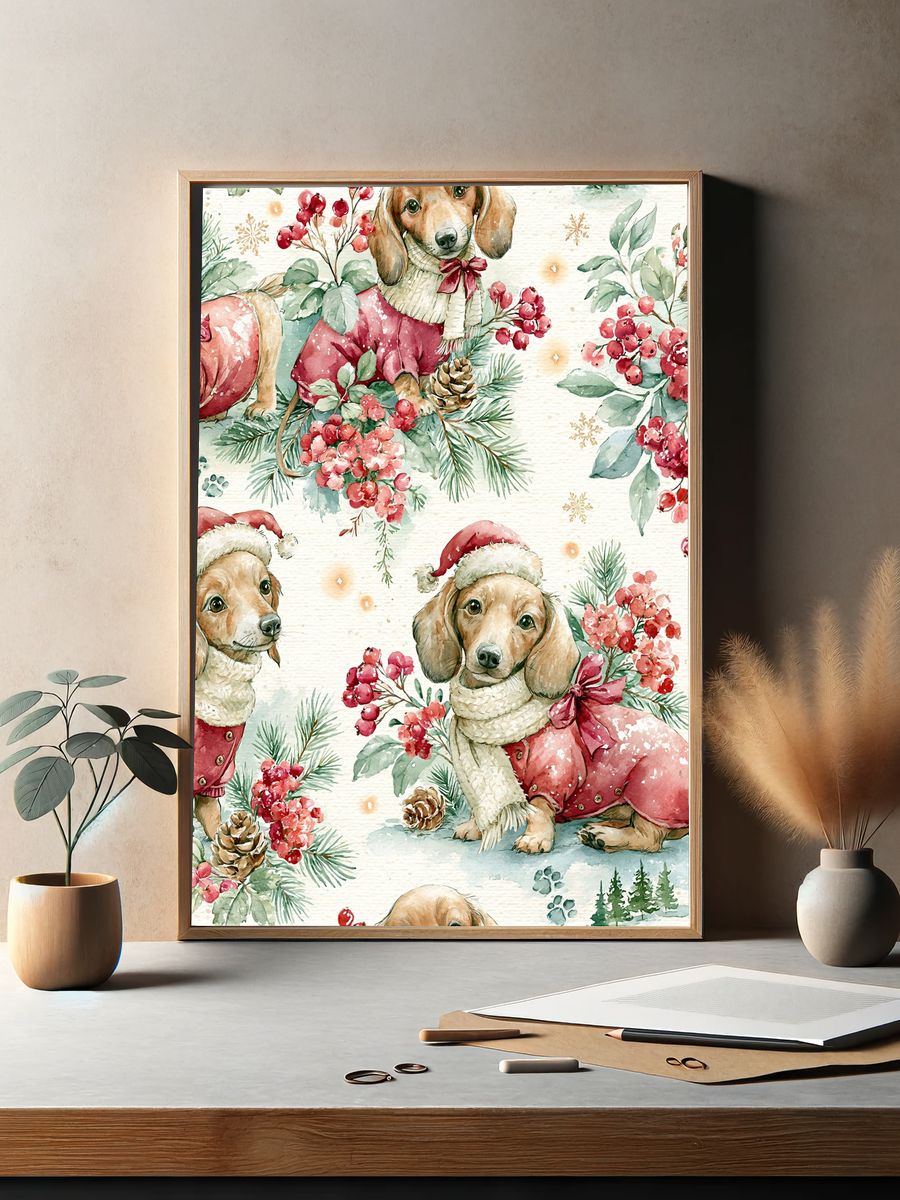 Christmas Dachshund Watercolor Print. — room view 2