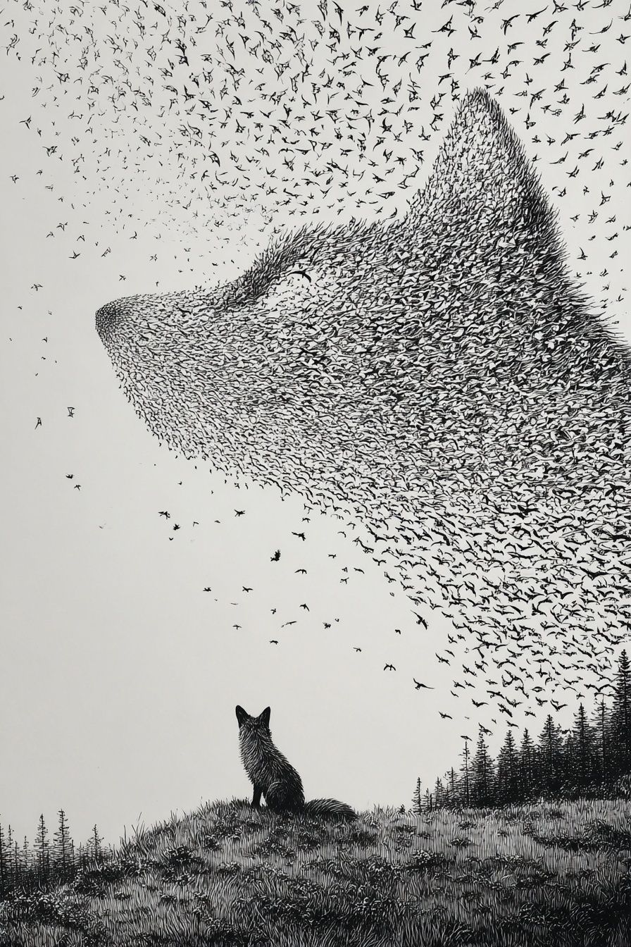 Fox and Bird Swarm Ink Print. poster — animals art