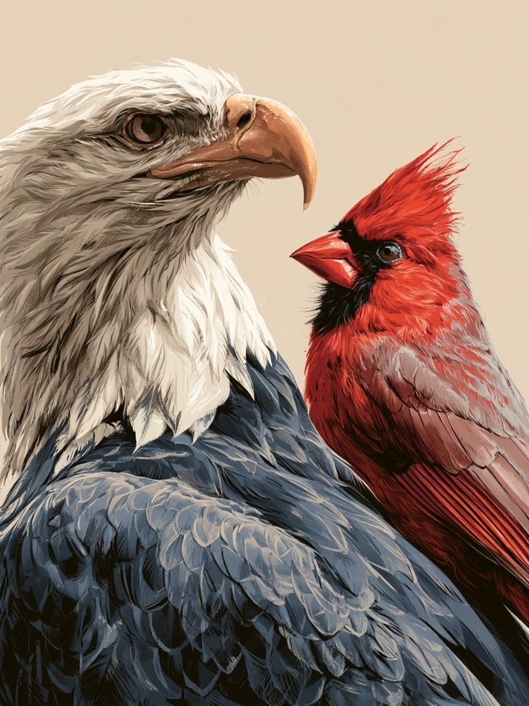 Bald Eagle and Cardinal Illustration Poster. poster detail