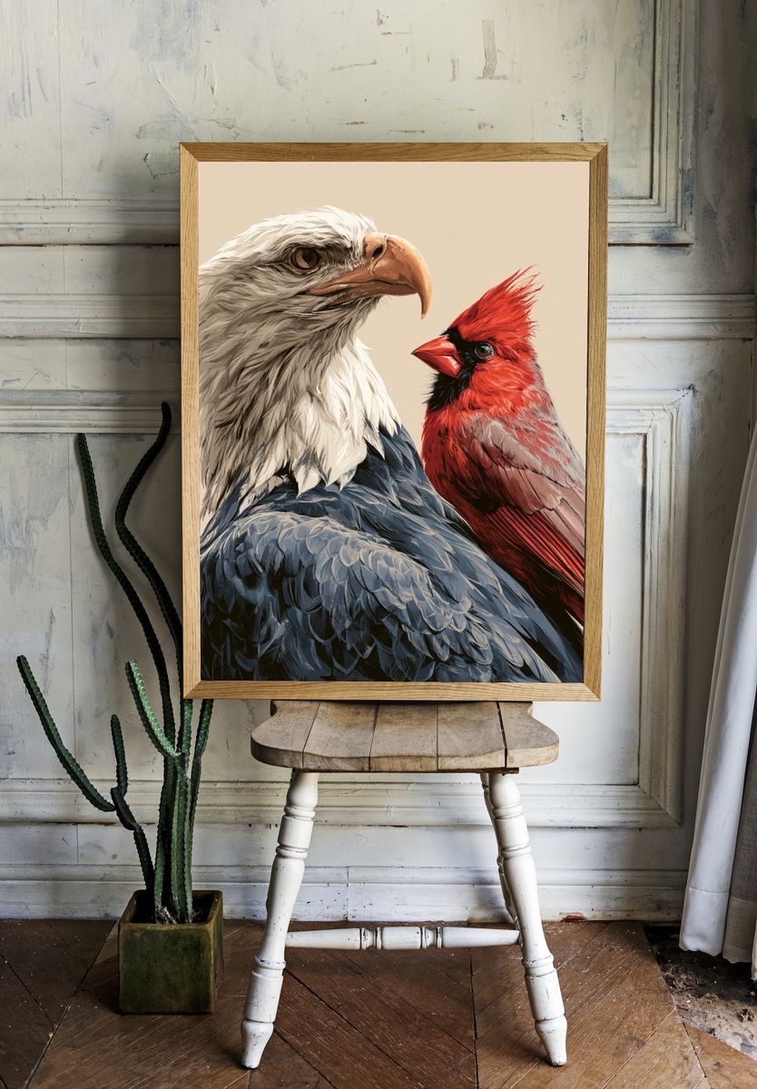 Bald Eagle and Cardinal Illustration Poster. — room view 1