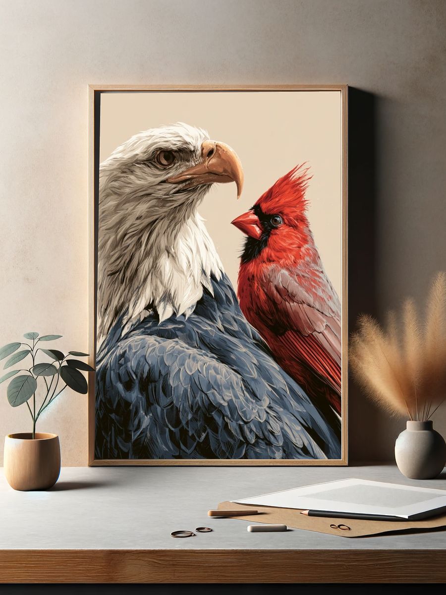 Bald Eagle and Cardinal Illustration Poster. — room view 2