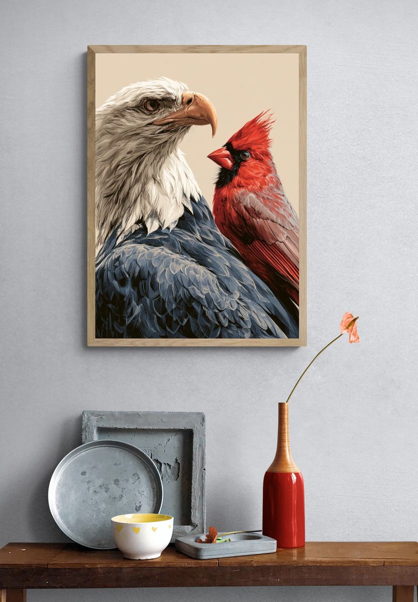 Bald Eagle and Cardinal Illustration Poster. — room view 3