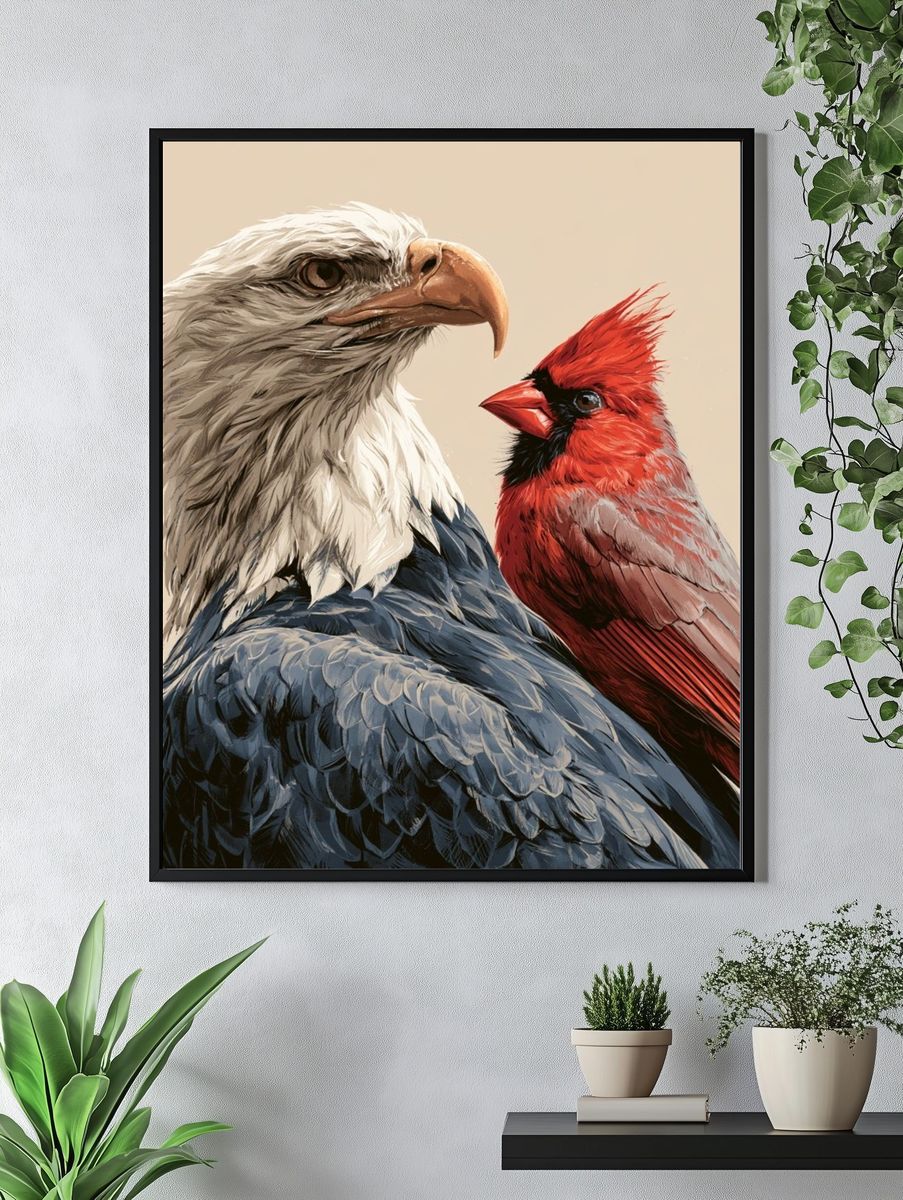 Bald Eagle and Cardinal Illustration Poster. — room view 4
