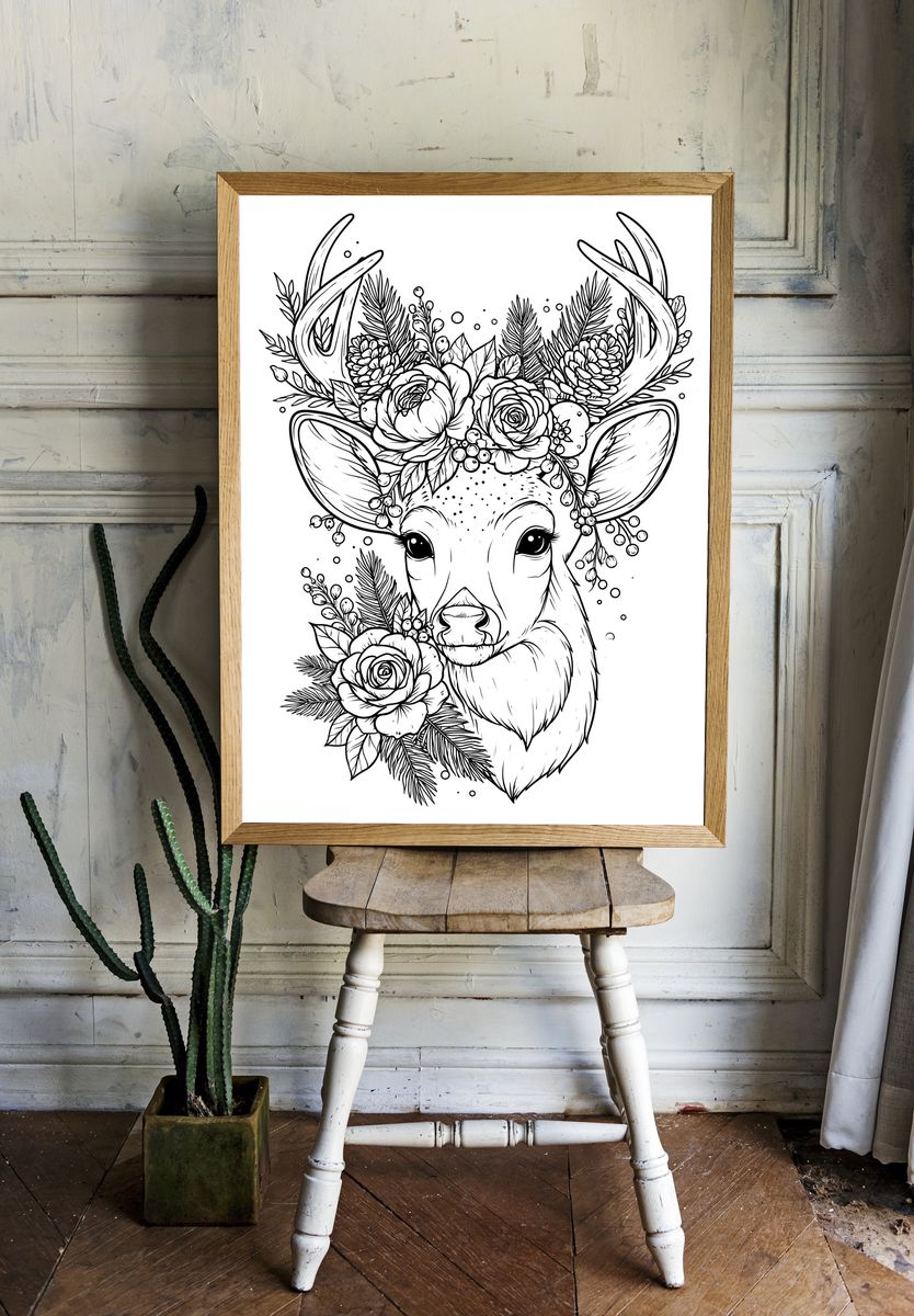 Floral Deer Line Art Poster. room preview