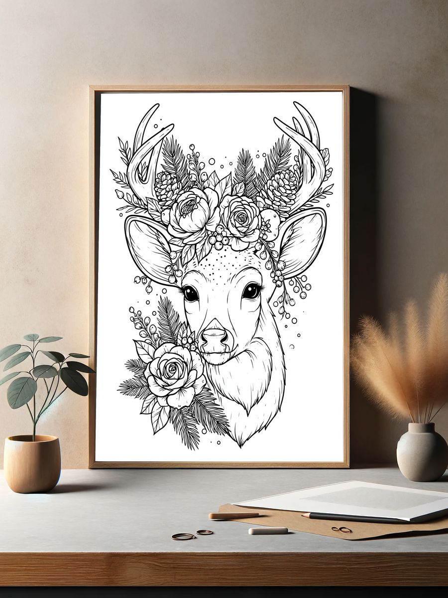 Floral Deer Line Art Poster. — room view 2