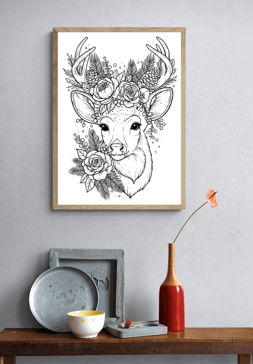 Floral Deer Line Art Poster. — room view 3