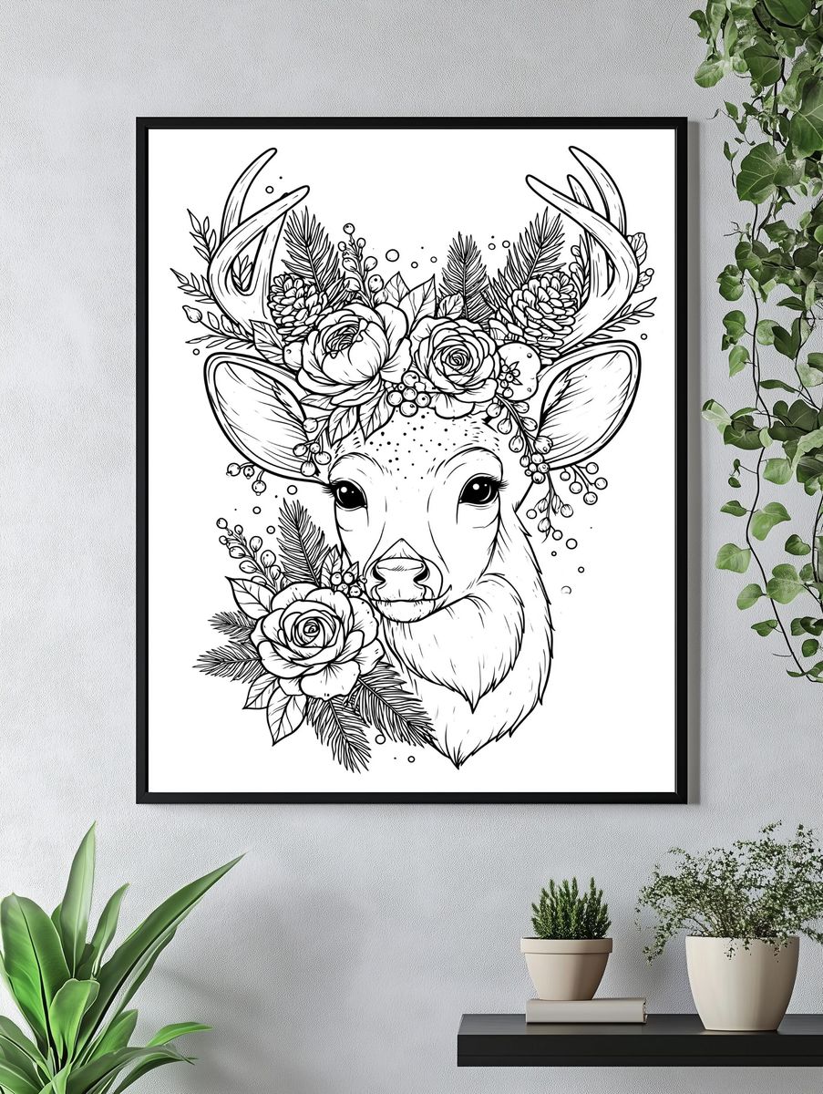 Floral Deer Line Art Poster. — room view 4