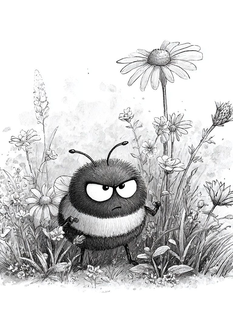 Grumpy Bee in Wildflowers Print. poster — animals art