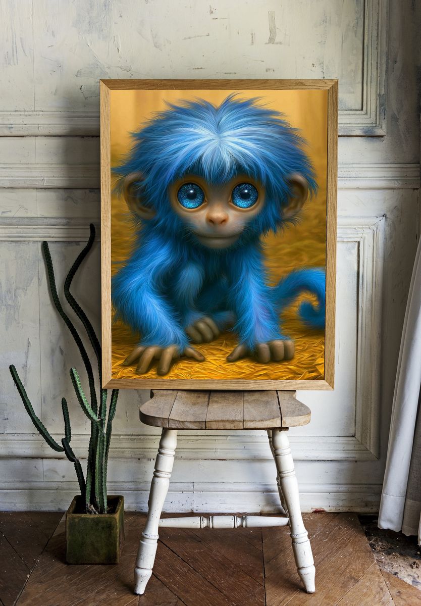 Blue Baby Monkey Illustration Poster. — room view 1
