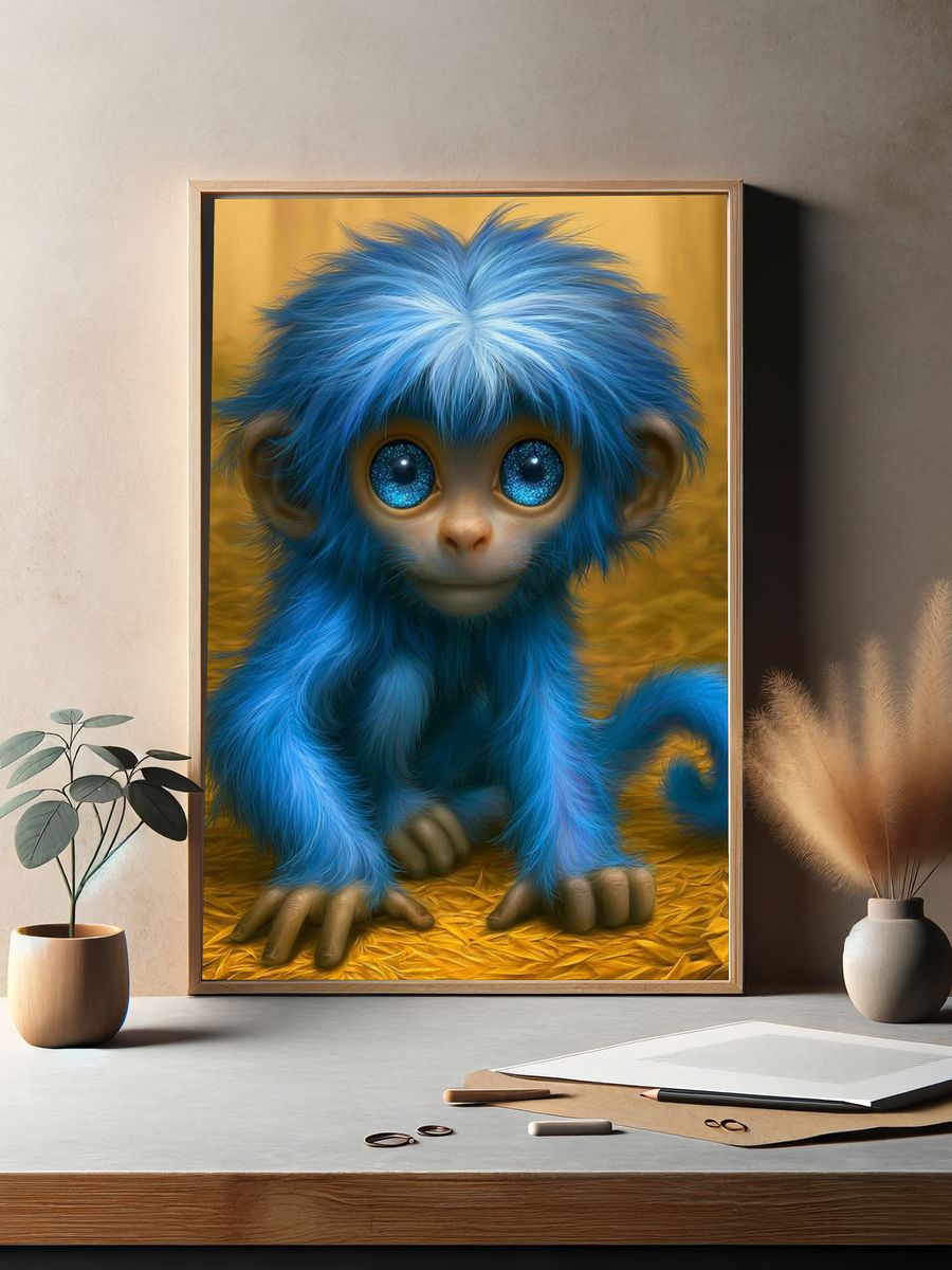 Blue Baby Monkey Illustration Poster. — room view 2