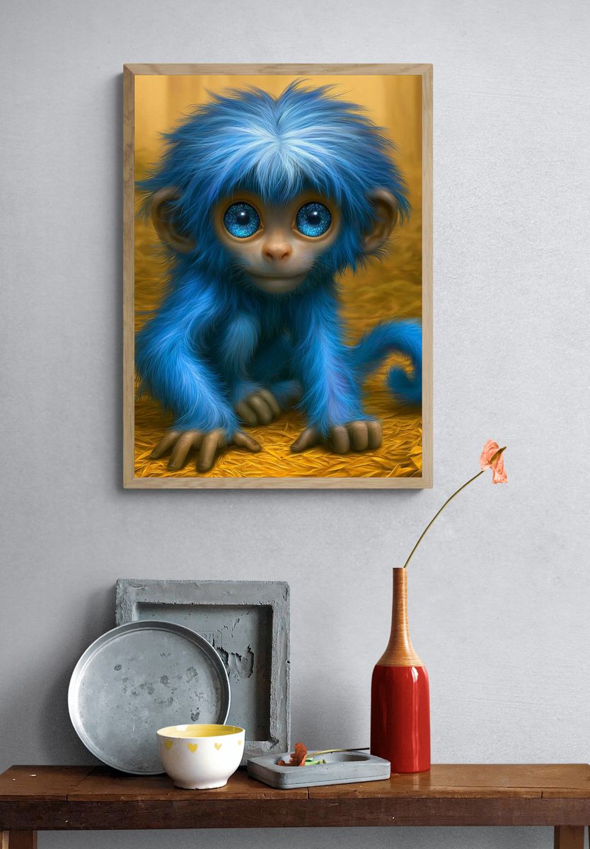 Blue Baby Monkey Illustration Poster. — room view 3