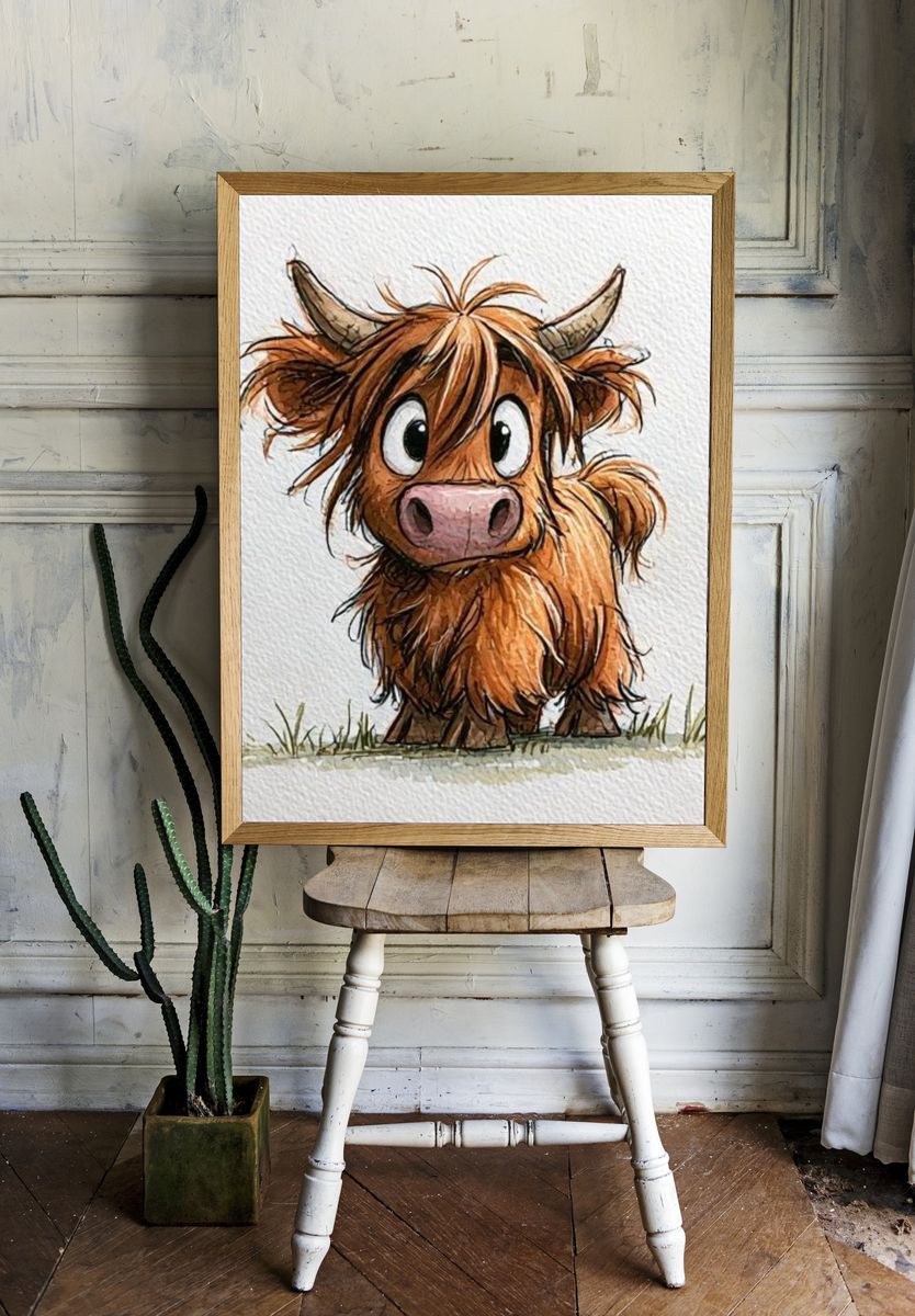 Cute Highland Cow Watercolor Poster. — room view 1