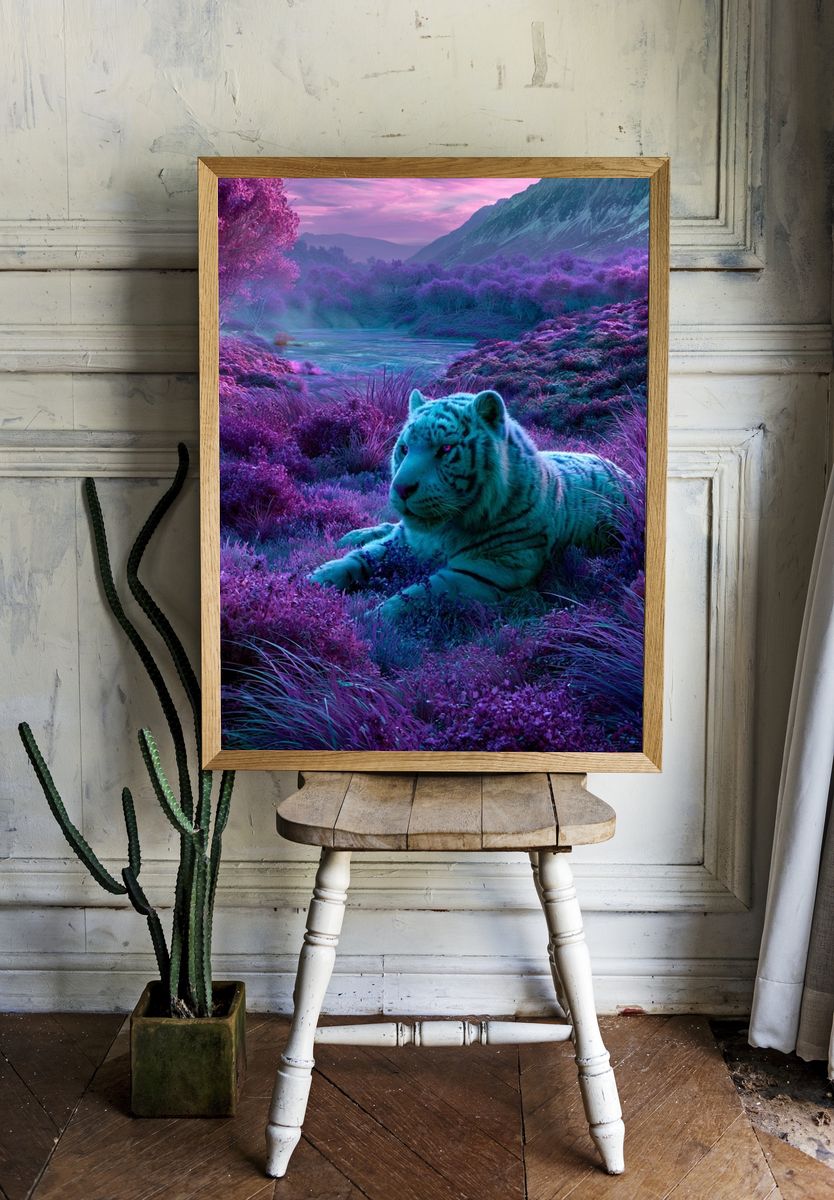 Neon White Tiger Landscape Poster. — room view 1